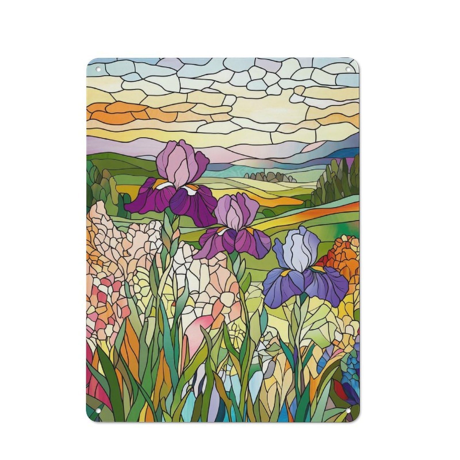 Junmoney Stained Glass Irises Tin Wall Plaque 40X30cm With For Bar Or Restaurant, Housewarming Present For People Styling Bar And Restaurant