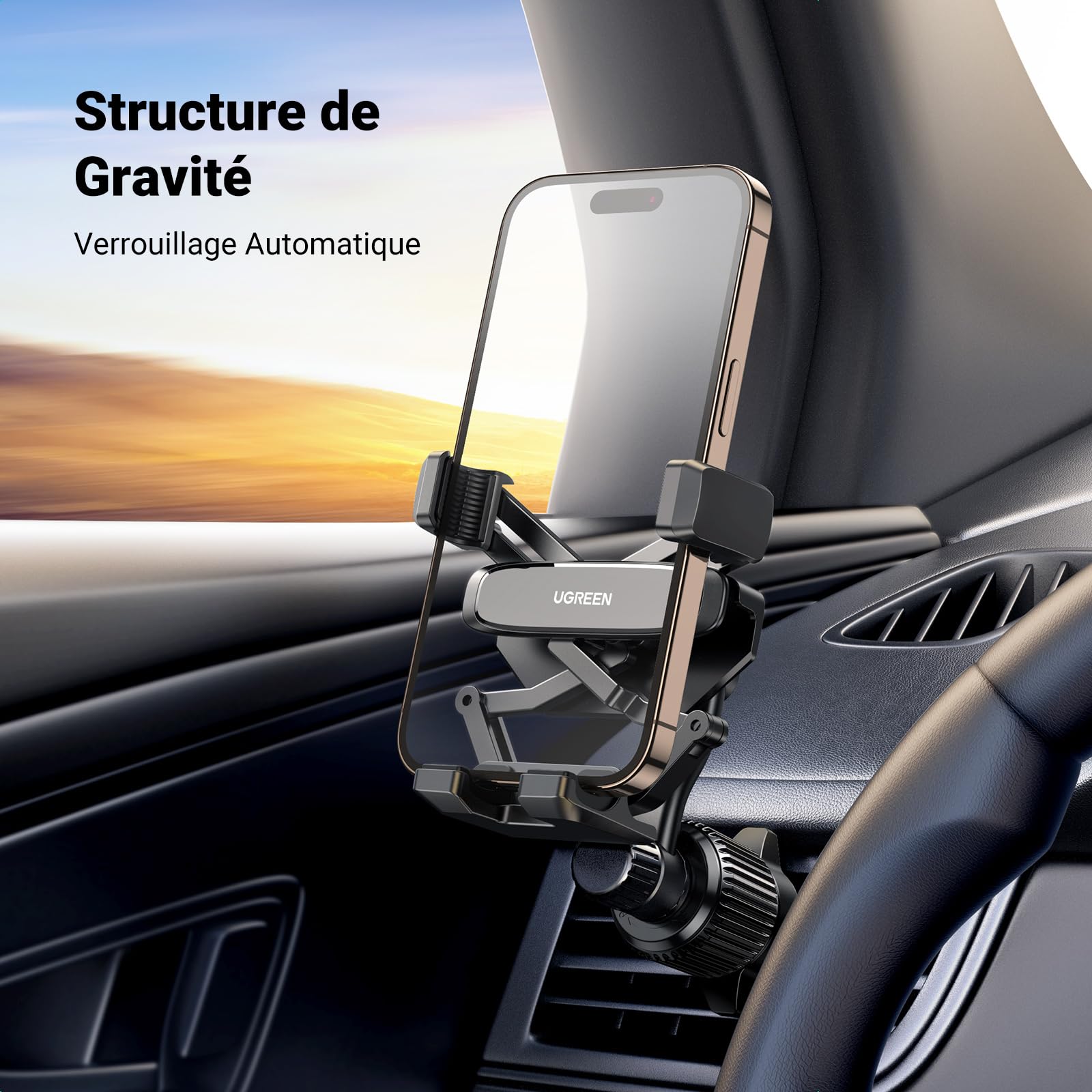 UGREEN Support Téléphone Voiture Gravité Ventilation Porte Smartphone Automobile Grille Aération Socle Portable Auto Compatible avec iPhone 17 Pro Max Air 16 15 14 Galaxy S25 Ultra S24