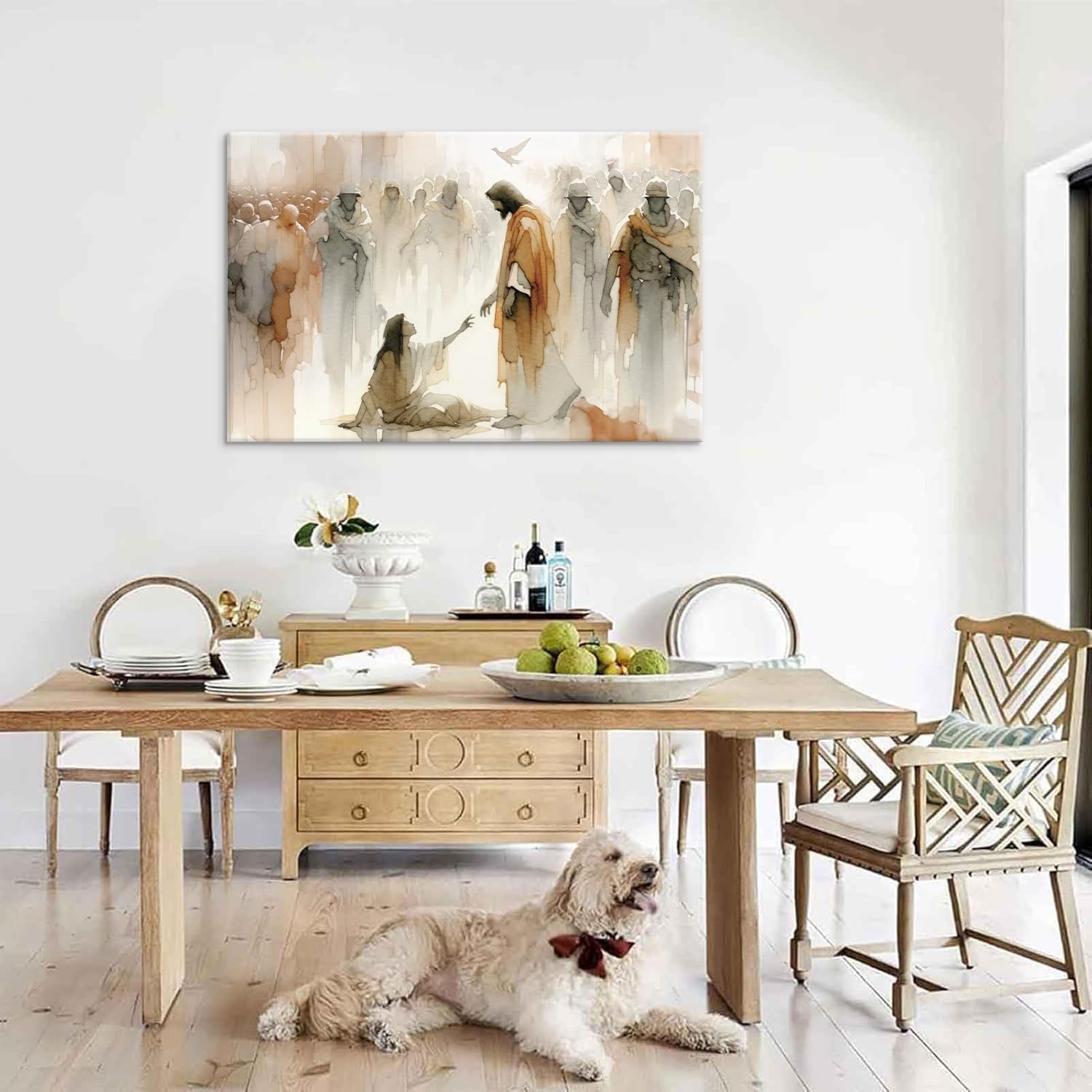 Jesus Heals The Woman Wall Art Woman Touches The Hem Of Jesus' Skirt Wall Decor picture Watercolor Bible Stories Canvas Poster print Artwork for Christian Living Room Home Decor 16x24in Wrapped Canvas