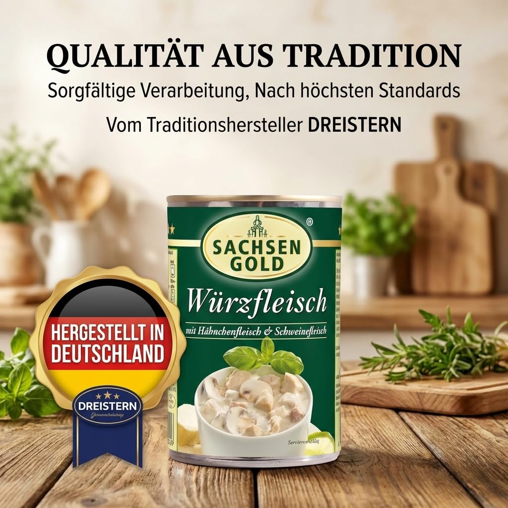 Sachsen Gold Würzfleisch 12x400g – Hähnchen & Schweinefleisch | Mit Champignons, traditioneller Rezeptur – ostdeutsche Spezialität zum Überbacken, 4,8 kg Vorrat