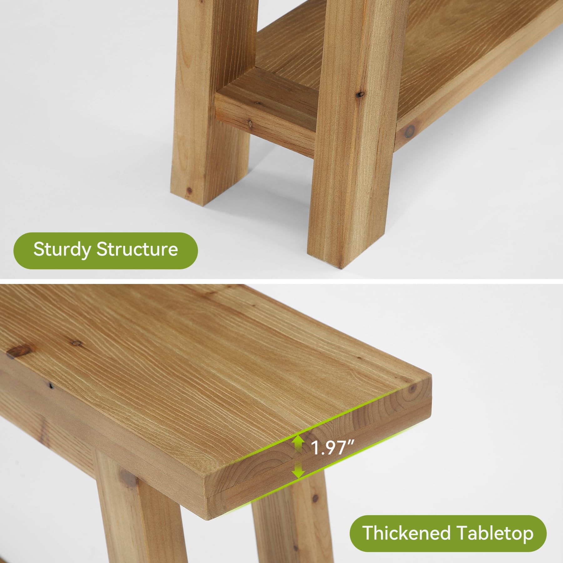 Consola de madera maciza 180 cm, 2 niveles, mesa de sofá estrecha estilo granja para entrada, sala de estar, dormitorio, detrás del sofá, color madera natural, montaje fácil