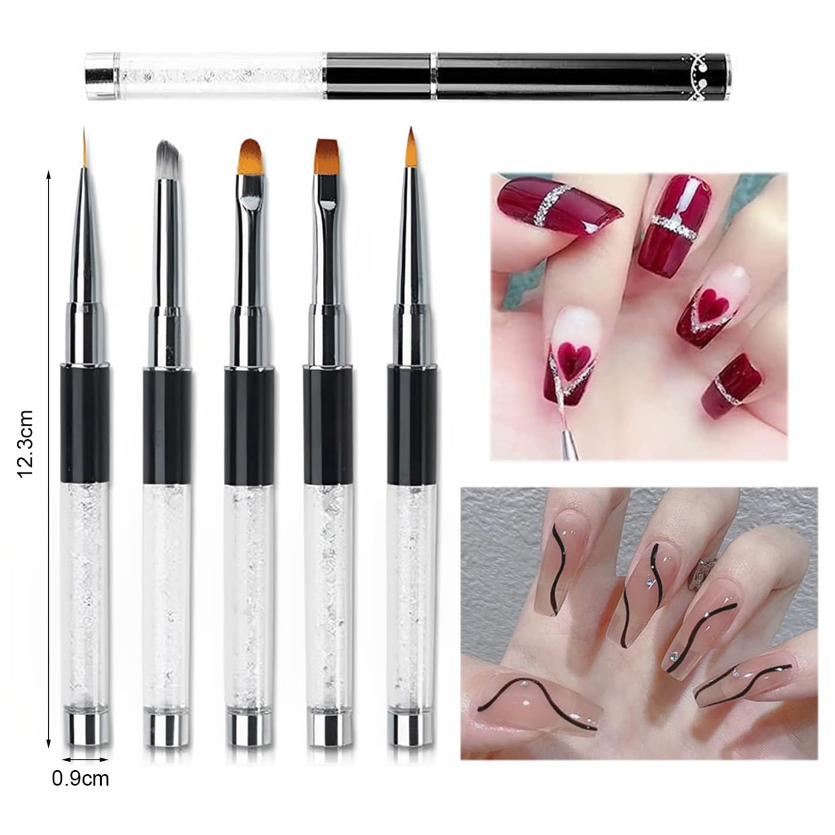 Pinceles para Uñas Decoracion, (5 Piezas) Arte de Uñas, Pincel uñas Acrilicas de UV Gel para Decoración de uña, DIY Nail Art Designs, Negro
