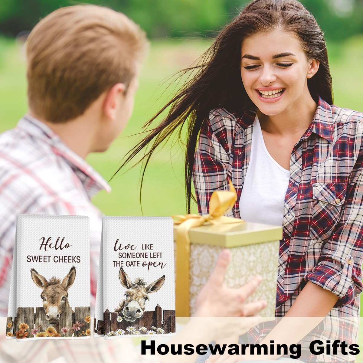 2 Pcs Farmhouse Donkey Kitchen Towels 24x14 Inch, Donkey Waffle Weave Hand Tea Towel for Kitchen Home Bathroom Decor, Farmers Gifts for Women Men Friend, Live Like Someone Left The Gate Open