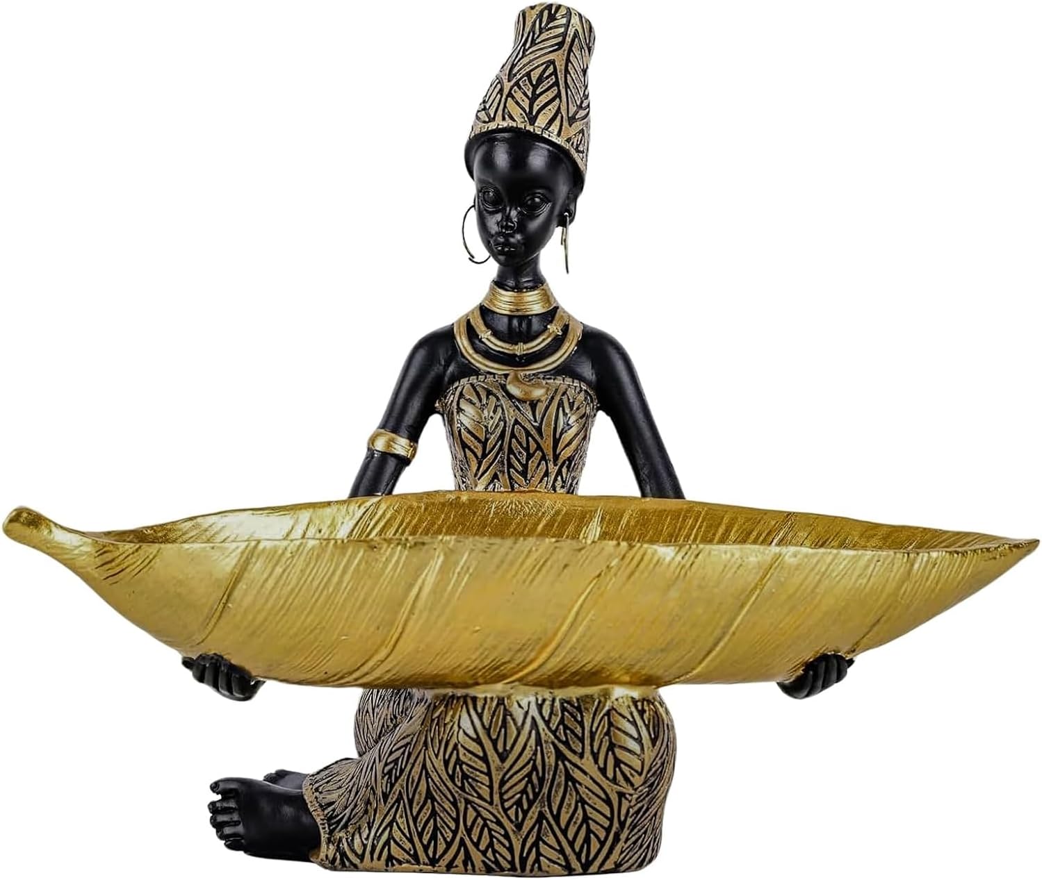African Tribal Lady Holders Figurine - Resin Gold Statue for Home Decor, Shelves, TV cabinets, Tabletop, Living Room, African Woman Sculpture for Entryway Key Bowl, Jewelry Holder or Gift