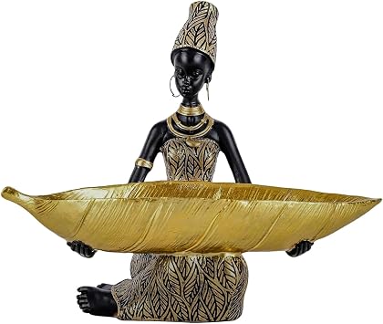 African Tribal Lady Holders Figurine - Resin Gold Statue for Home Decor, Shelves, TV cabinets, Tabletop, Living Room, African Woman Sculpture for Entryway Key Bowl, Jewelry Holder or Gift