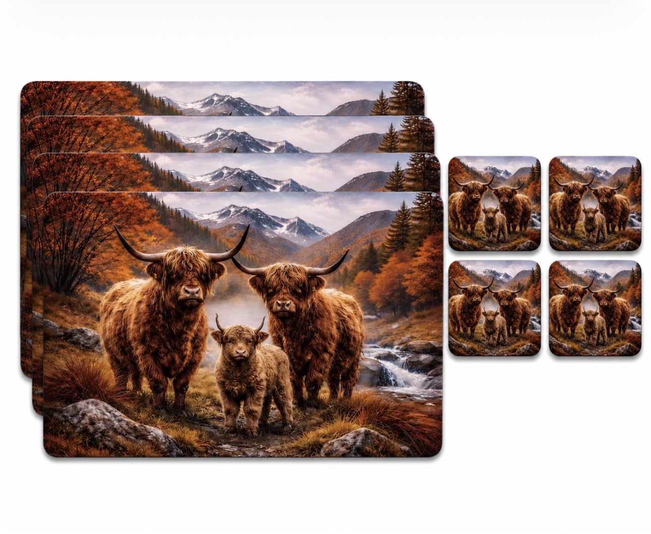 Highland Cow Placemats and Coasters, 8-Piece Country Table Set — image 1