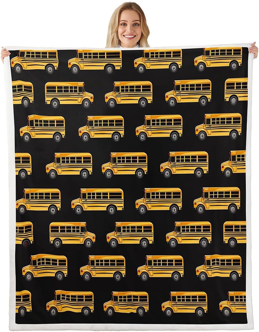 Erosebridal Bus Blanket Queen Size, Cartoon School Bus Throw Blanket for Bed Sofa, Vehicles Transportation Printed Kids Teens Microfiber Fleece Blanket, Black Yellow Cars Lightweight Bed Blanket