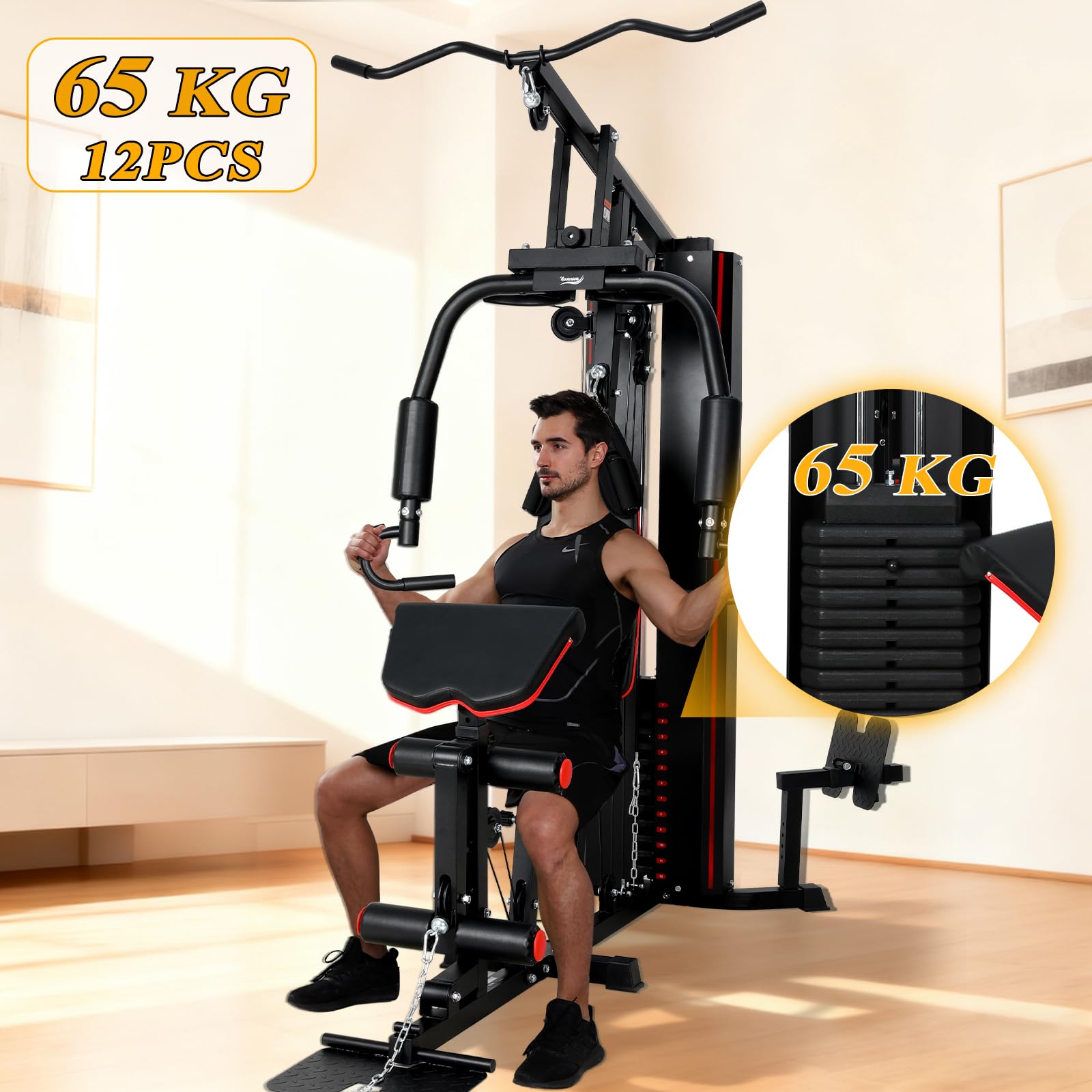 Station de Musculation Multifonction, Banc de Musculation Complet, Barre de Traction Cage Station Machine Musculation avec Poids, Fitness Domicile Home Gym Bras/Épaules/Poitrine/Dos/Jambe