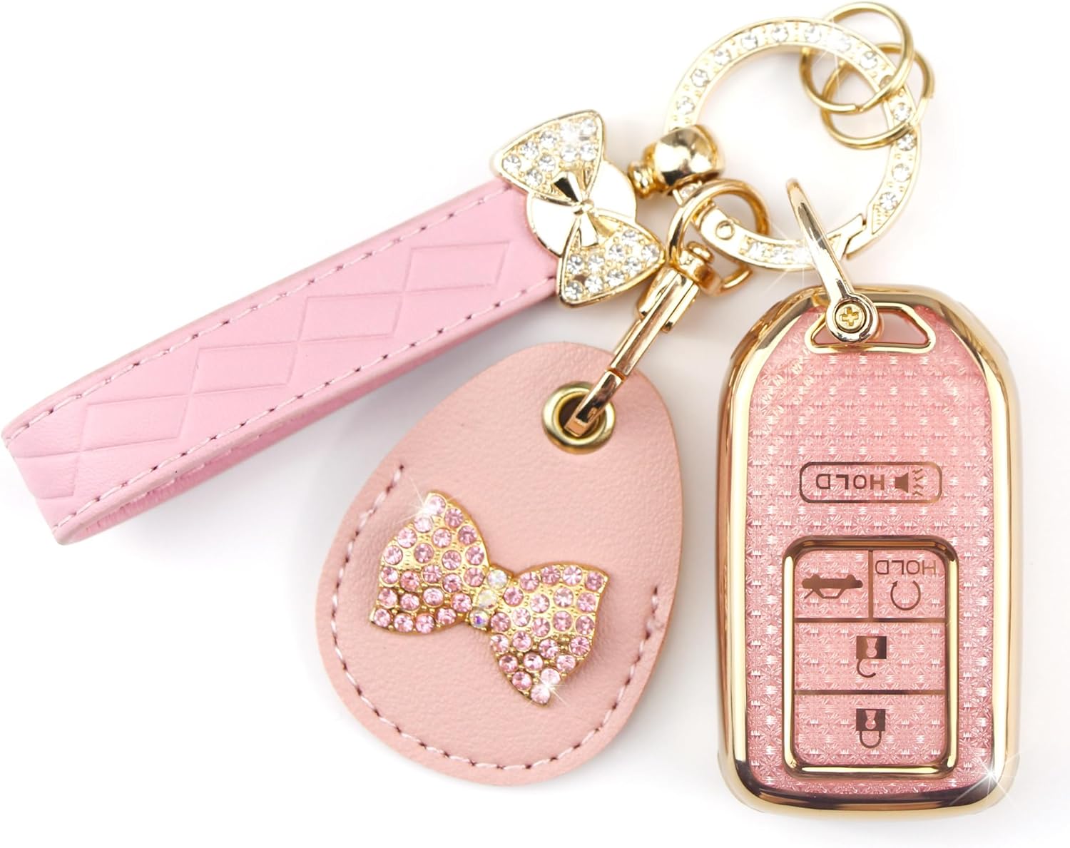 Key Fob Cover with Leather Holder Compatible with Airtag/RFID,Compatible with Honda Accord Civic Pilot,Passport JED Crider Odyssey,RFID Protector,Car Key Accessories(5-Button, Gold Pink)