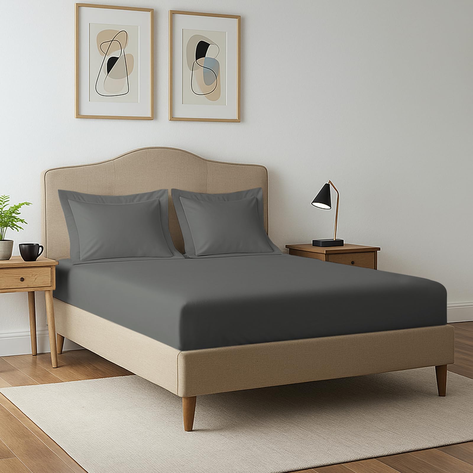 Pizuna 400 Thread Count King Size Fitted Sheet 150x200 cm with 2 Pillowcases, Dark Grey, 100% Long Staple Cotton