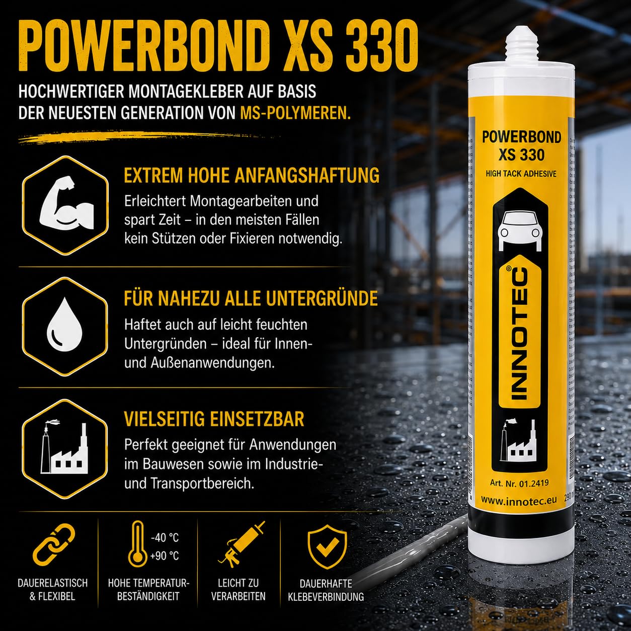 4 Stück Innotec Powerbond Schwarz - Premium Montagekleber - Kleben statt Bohren Wasserresistent - Kraftkleber für innen & außen - hohe Anfangshaftung universell einsetzbarer Baukleber - Kleber XS 330