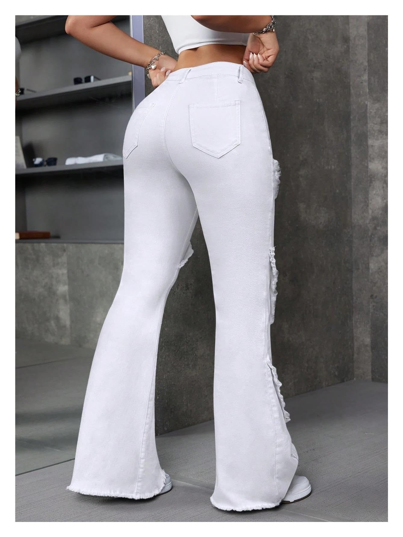 Damen High Waist Ausgefranste Schlagjeans Stretch Figurformende Denim Hose