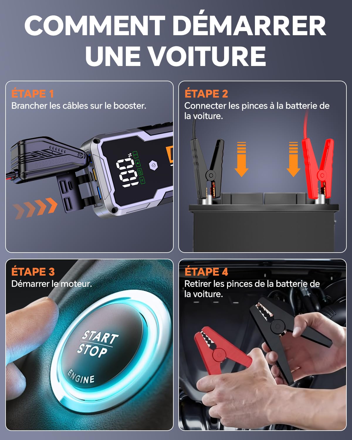 CARHEV Booster Batterie Voiture 7000A, Démarreur de Batterie de Voiture (Jusqu’à 10L Essence & 10L Diesel), 12V Booster Batterie Moto avec Lampe à LED, Car Jump Starter avec Pinces Intelligentes