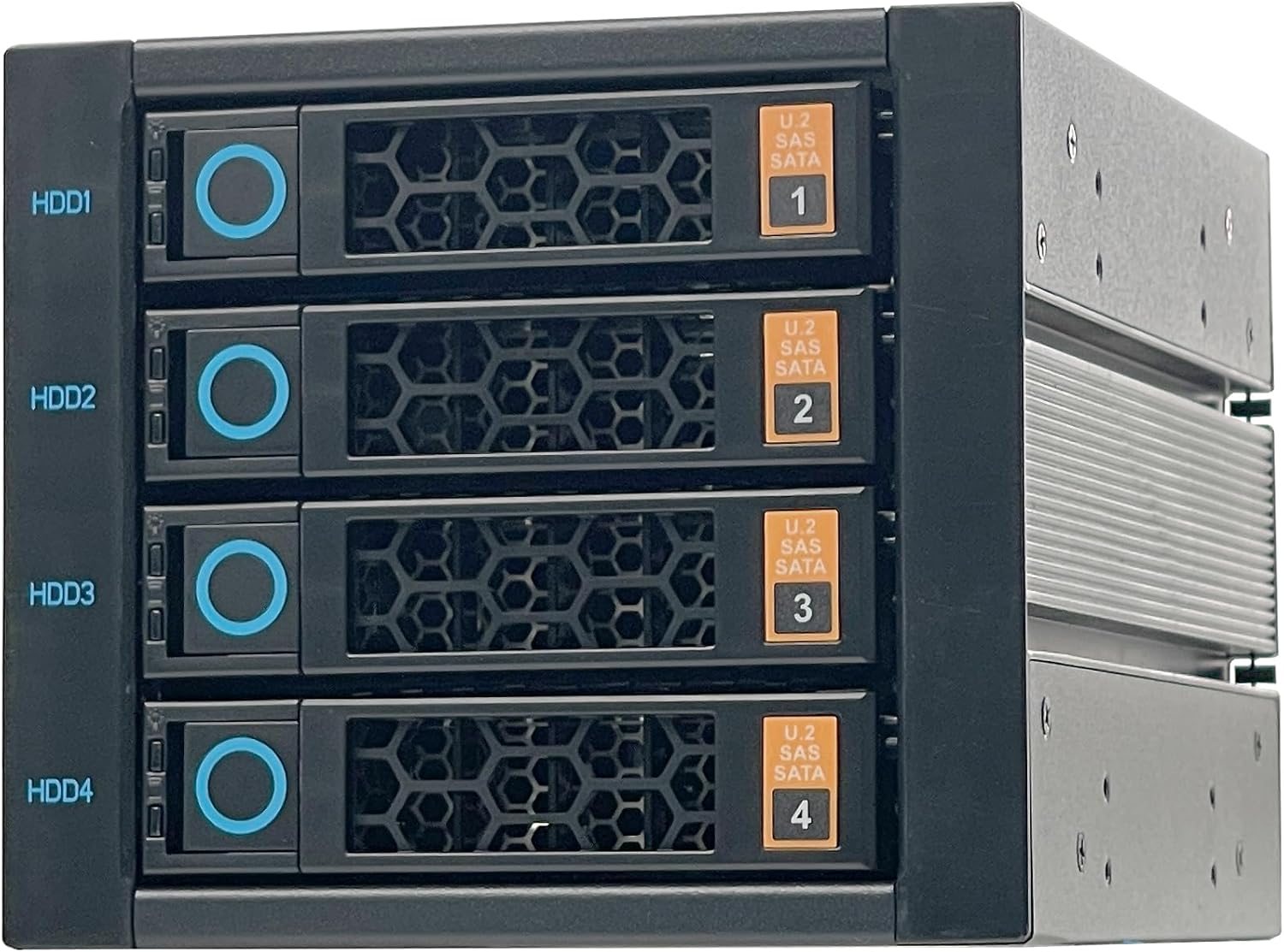 Generic Zhenloong 4-Bay Hard Drive cage Support 3.5"/2.5" SAS and SATA3 or U.2 NVMe SSD hot swappable Storage modules occupying 3x5.25 Optical Drive Positions in The Chassis SFF8643 and SFF8654*2