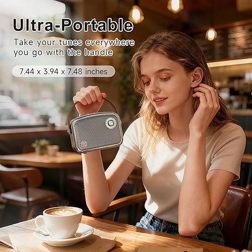 Miniatura 6 de Altavoz Bluetooth portátil de estilo vintage, marrón, diseño retro con rejilla de malla metálica, forma cuadrada compacta (marrón)