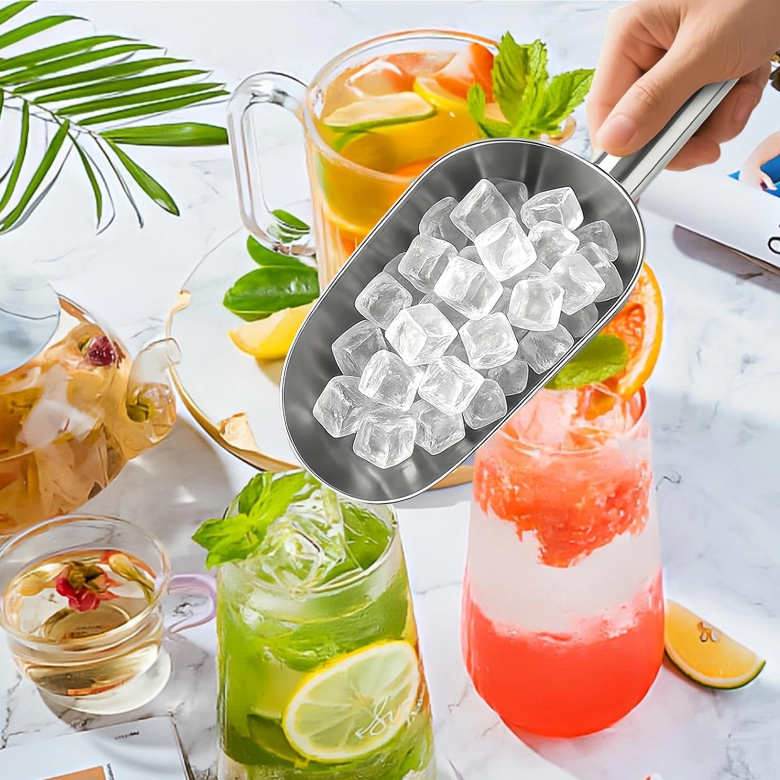 Lot de 2 Pelles à Glaçons 9 Pouces 304 en Acier Inoxydable Pelle à Glace Multifonction Pelle à Glace à Farine avec 2 Pcs Crochets Magnétique pour Cuisine Bar Restaurant