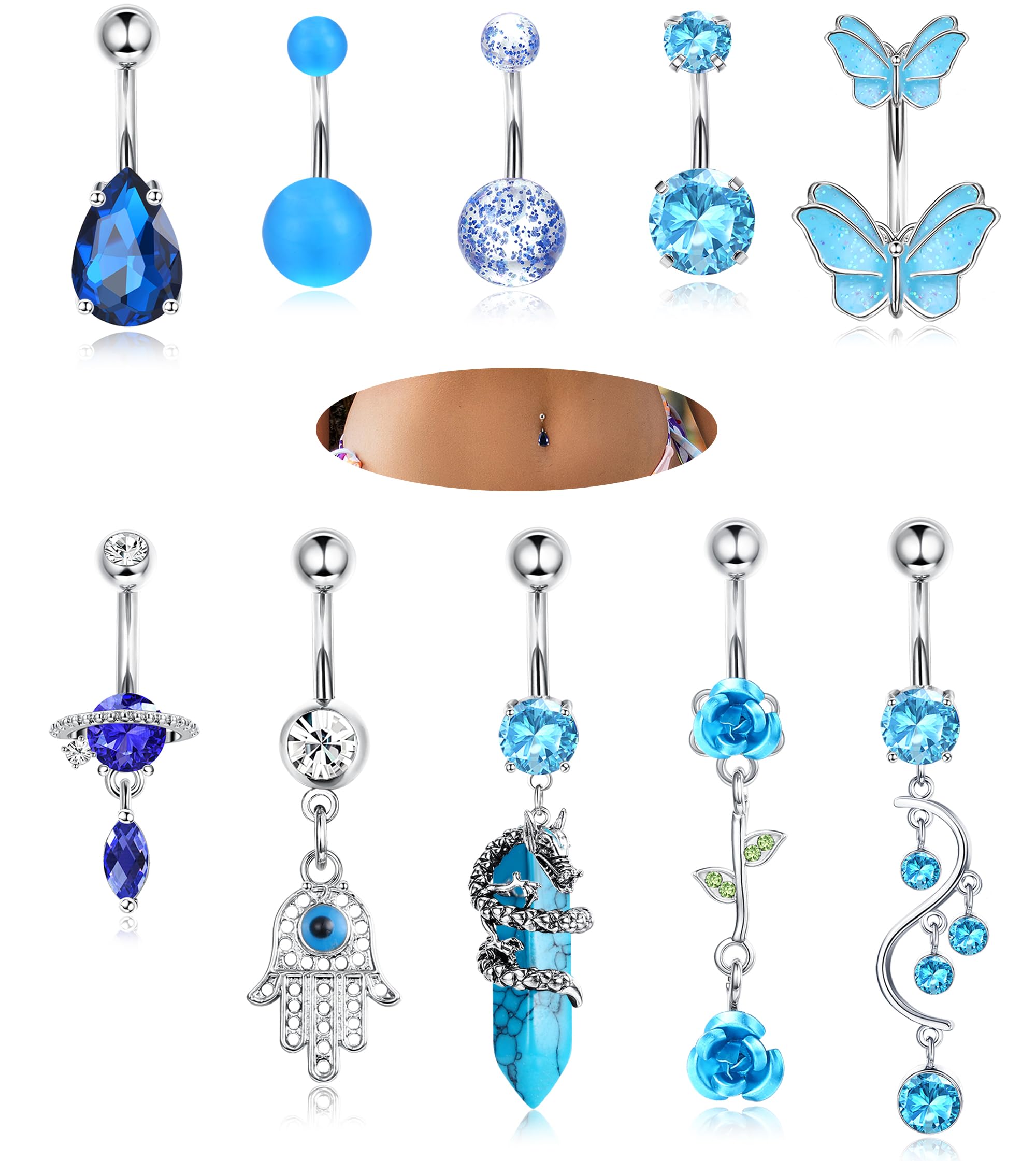 Adramata 10 Pcs 14G Piercing Ombligo Acero Quirurgico Corazón Mariposa Hipoalergénica Piercing Ombligo Aro Rosa Púrpura Azul Piercing Ombligo Colgante Corporal Piercing para Mujer Verano PlayaMujer