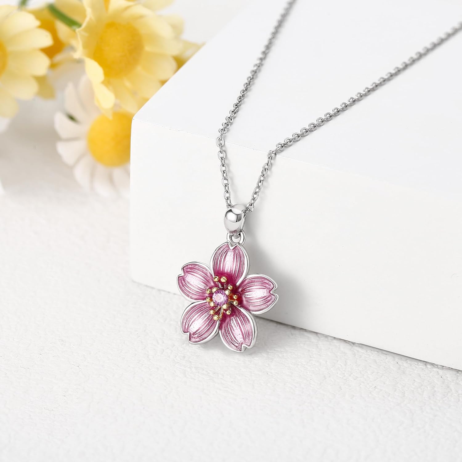 YAFEINI Cherry Blossom Necklace 925 Sterling Silver Pink Sakura Flower Pendant Christmas Mother's Day Jewelry for Women Mom - Image 3