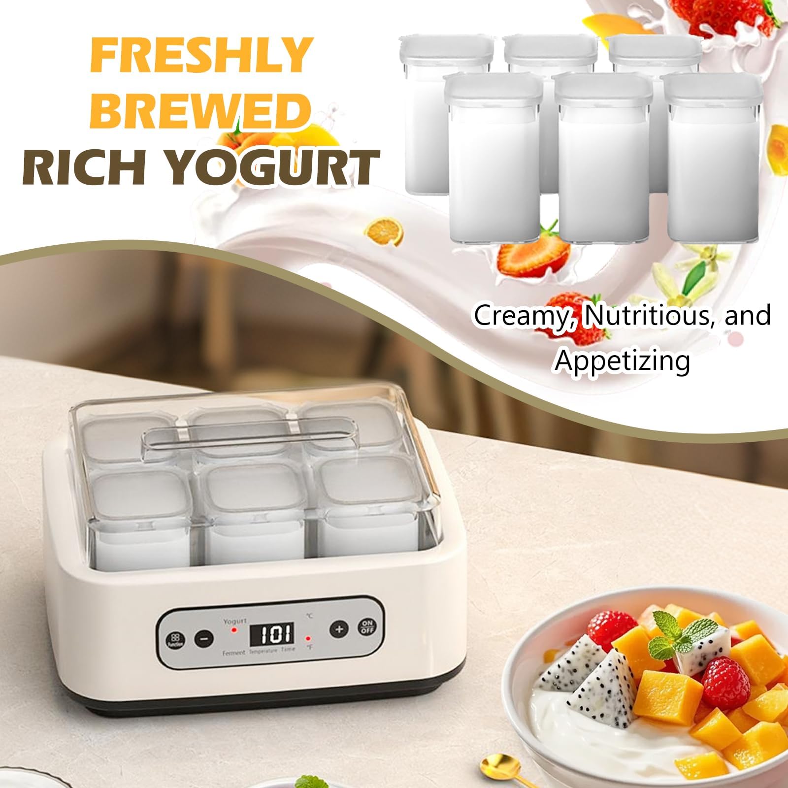 Yogurtiera Elettrica con Vasetti in Vetro | Temperatura e timer regolabili, fermentatore automatico per yogurt probiotico fatto in casa