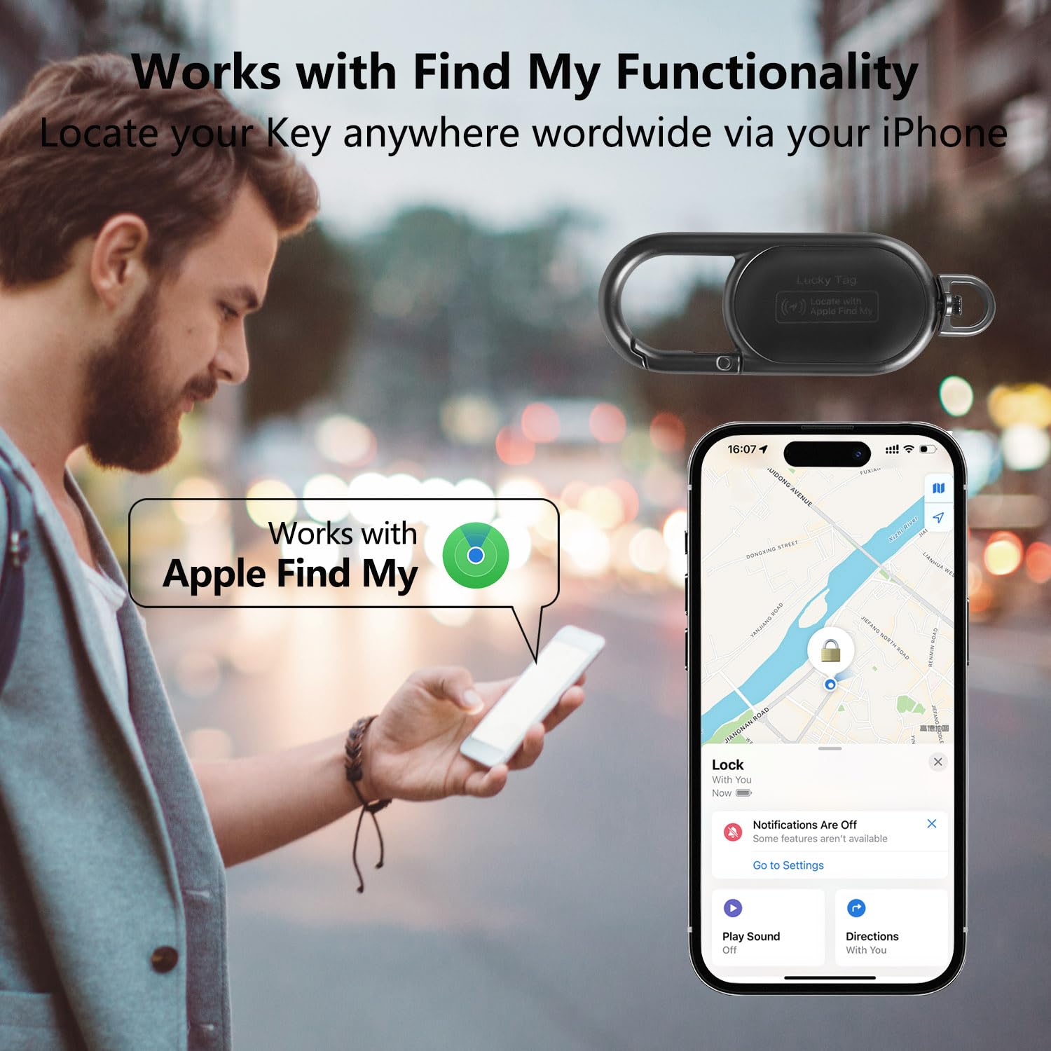 Portachiavi GPS Tracker – Apple Find My Compatible, allarme sonoro e monitoraggio globale per la prevenzione dell'oblio, nero