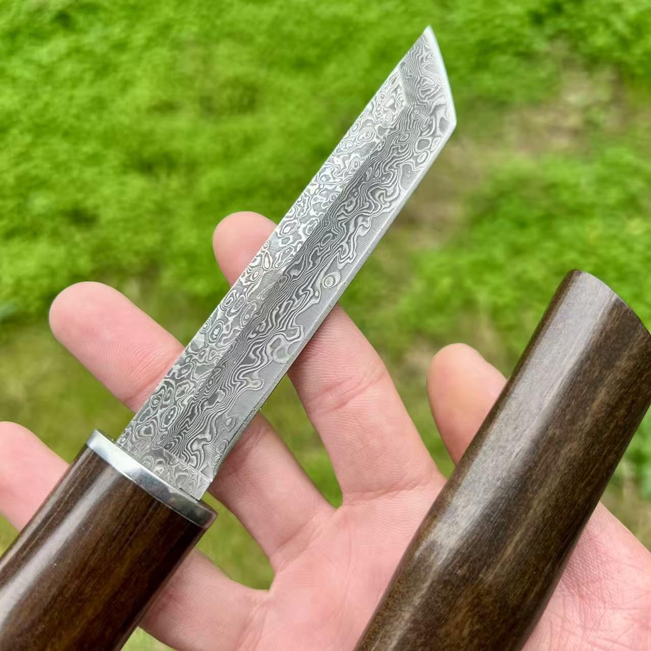 Couteau Lame Fixe Lame Tanto Acier Damas Japonais Suminagashi San Maï Camping Étui Intégral Bois Cadeau Homme Collection Artisanat Randonnée EDC Custom Extérieur Survie Forgé