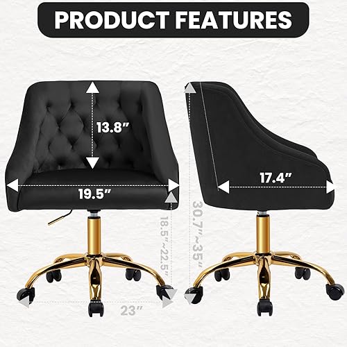 Miniatura 9 de MOJAY Silla de tocador moderna con ruedas, silla de oficina en casa de terciopelo recortado de respaldo medio, asiento suave giratorio de altura