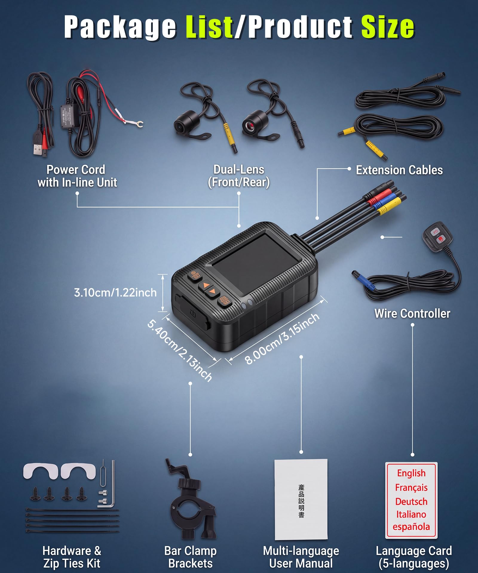 Rimoody Dashcam per Moto 1080P con Due Telecamere, 2" Schermo, Telecamera a Doppia Lente Anteriore e Posteriore, IP67 Impermeabile, Visione Notturna, G-Sensor, Loop Video, Monitoraggio di Parcheggio