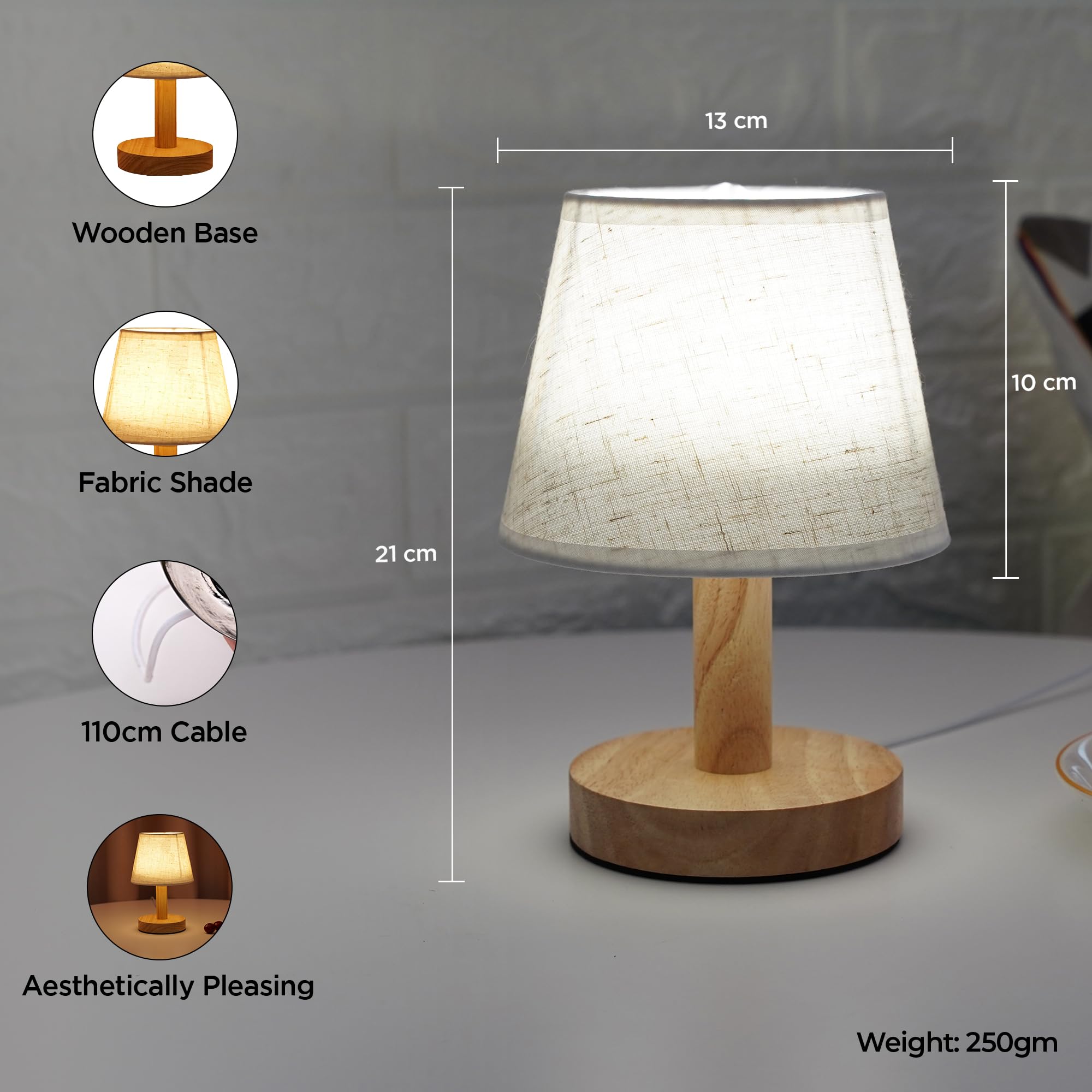 Kuber Industries Aesthetic Dimmable Bedroom Lamp for Side Table | Office & Desk Table Lamp for Living Room and Home Decor with Fabric Shade & Wooden Base | Natural Wooden Brown-TA-005 - Image 4 thumbnail
