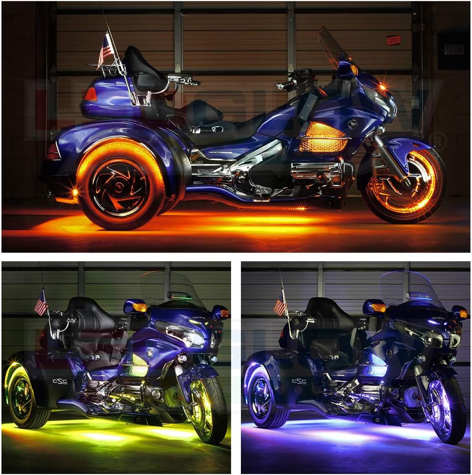 LEDGlow 20pc LiteTrike Advanced Million Color LED Kit with Wheel Well Lights for Trike Motorcycles - 15 Solid Colors - 6 Patterns - Flexible Multi-Color Strips - Waterproof Control Box & Remotes