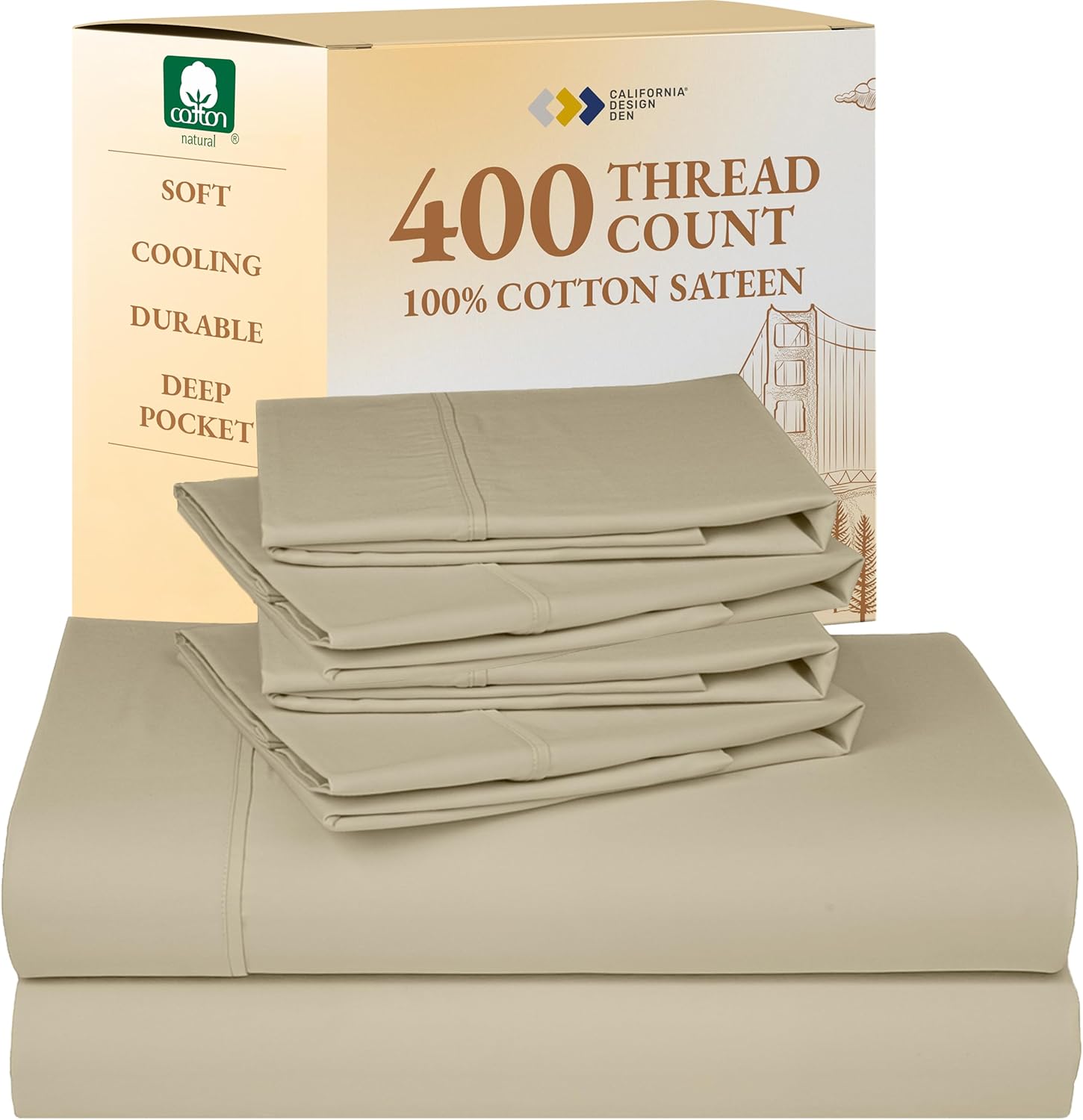 California Design Den 6 Piece King Size Sheets Set with 4 Pillowcases - Soft 400 Thread Count Sateen, 100% Cotton Sheets King Size with Deep Pockets, Cool and Durable Bedding Set - Beige (Golden Tone)
