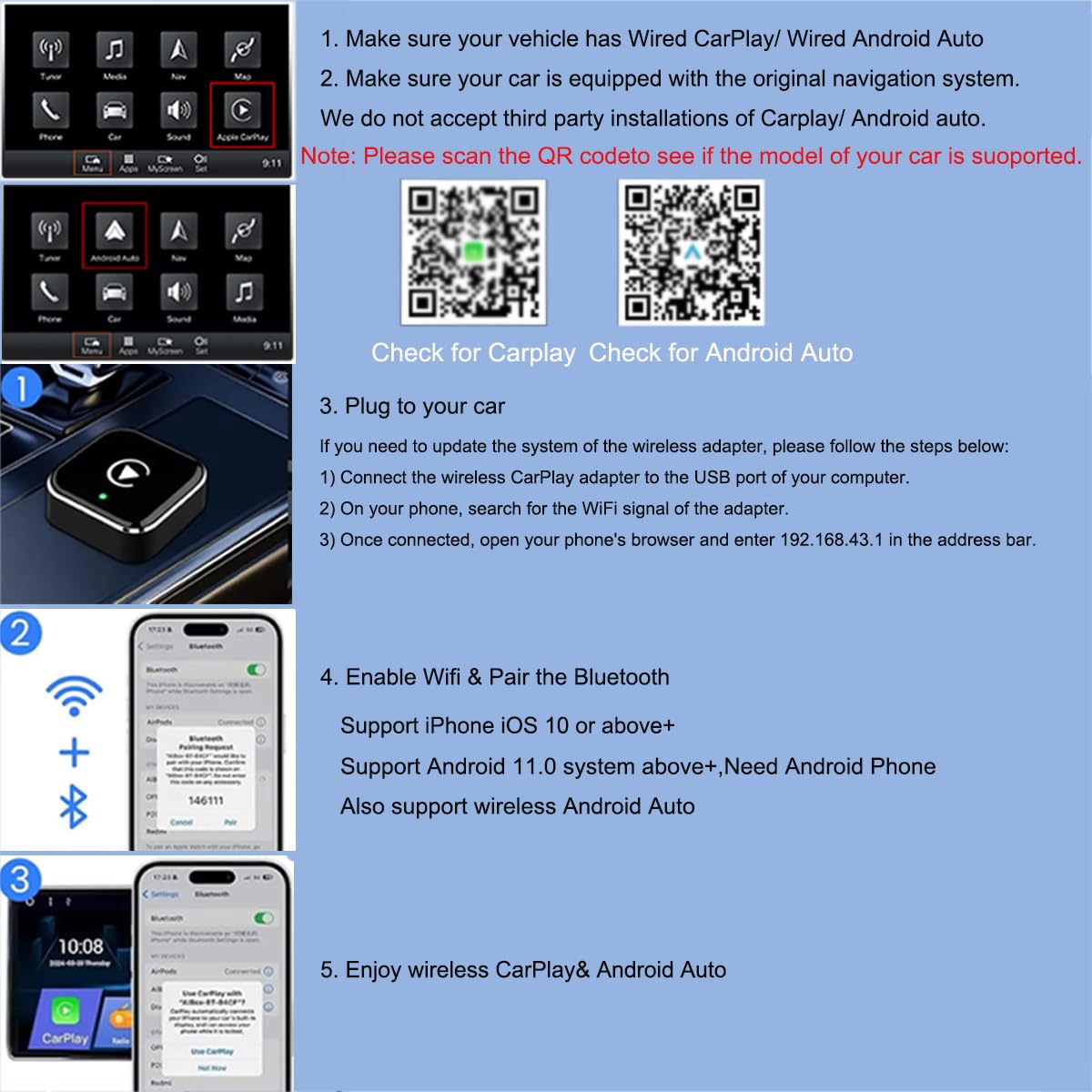 Adaptateur Sans Fil CarPlay pour iPhone et Android Auto - 2 in 1 USB vers Wireless Dongle, Conversion Câblé vers Sans Fil, Connexion Auto 5.8GHz WiFi, Compatible Voitures dès 2016, iOS 10+ Android 11+