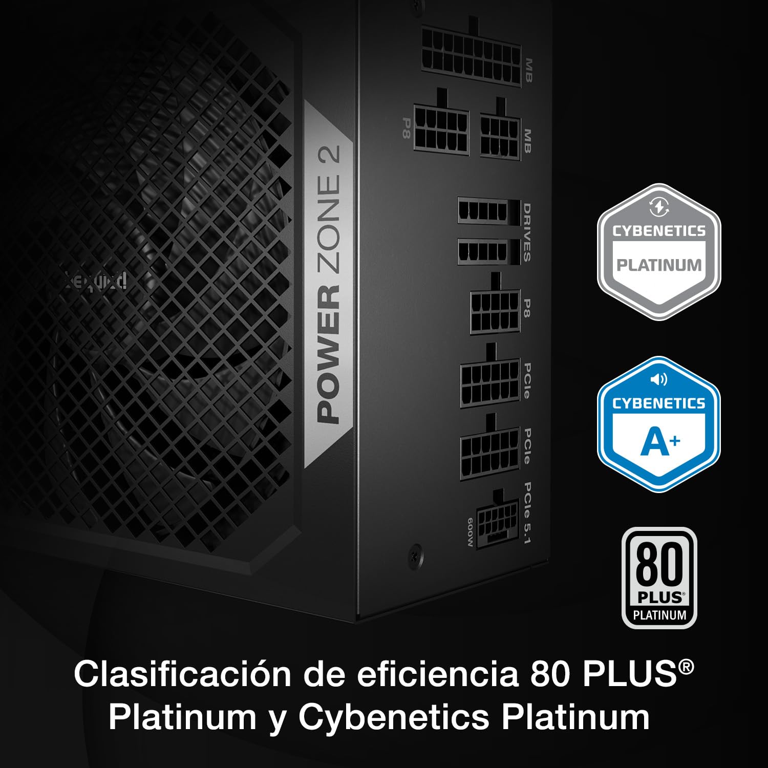 be quiet! Power Zone 2 1000W Fuente de alimentación, 80 Plus® Platinum, Cybenetics Platinum, refrigeración semipasiva, Ventilador Pure Wings 3, ATX 3.1, PCIe 5.1, Conector 12V-2x6, raíl de 12 V