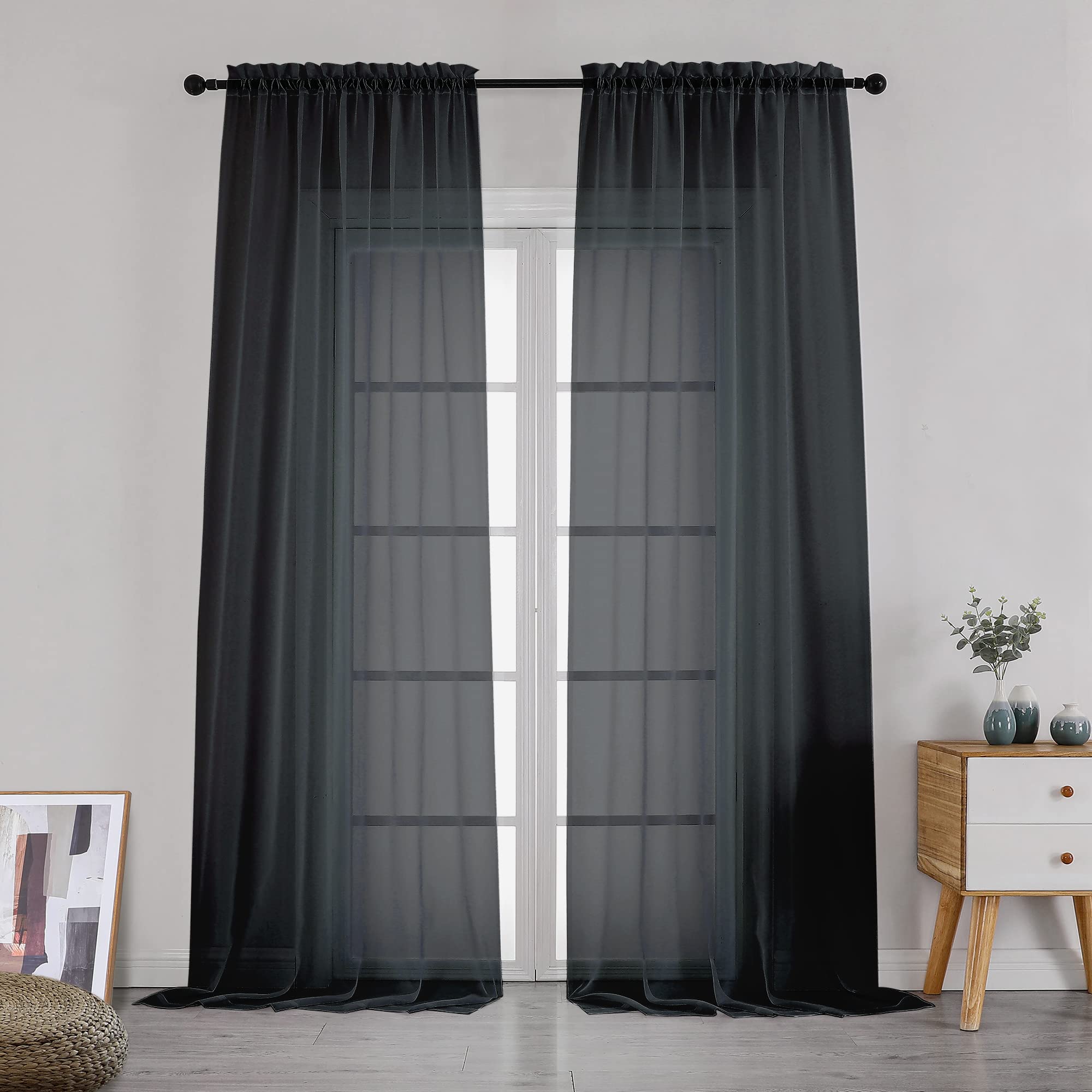 Simplebrand Black Sheer Curtains 108 Inches Long, Extra Long Rod Pocket Solid Color Window Sheer Curtain Panels, Elegant Curtains &amp; Drapes for Living Room, Bedroom 2 Panels (Black, 42" W x 108" L)