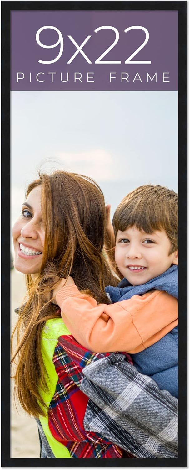 9x22 Frame Black Real Wood Picture Frame Width 0.75 Inches | Interior Frame Depth 0.5 Inches | Noir Classique Mid Century Photo Frame Complete with UV Acrylic, Foam Board Backing & Hanging Hardware