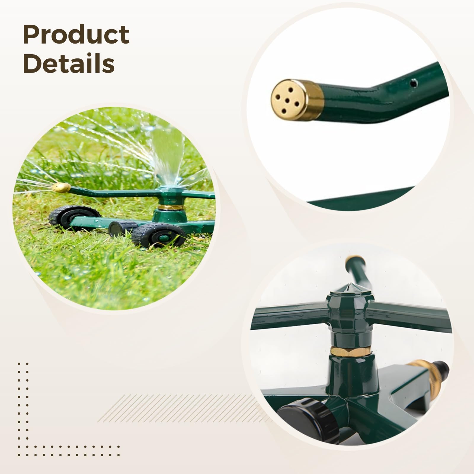 Irrigatore in metallo a 3 bracci con base ruota, irrigatore rotante a 360 gradi, copertura di 845 mq, ugello in rame, sistema di irrigazione da giardino a connessione rapida, per prato e aree esterne
