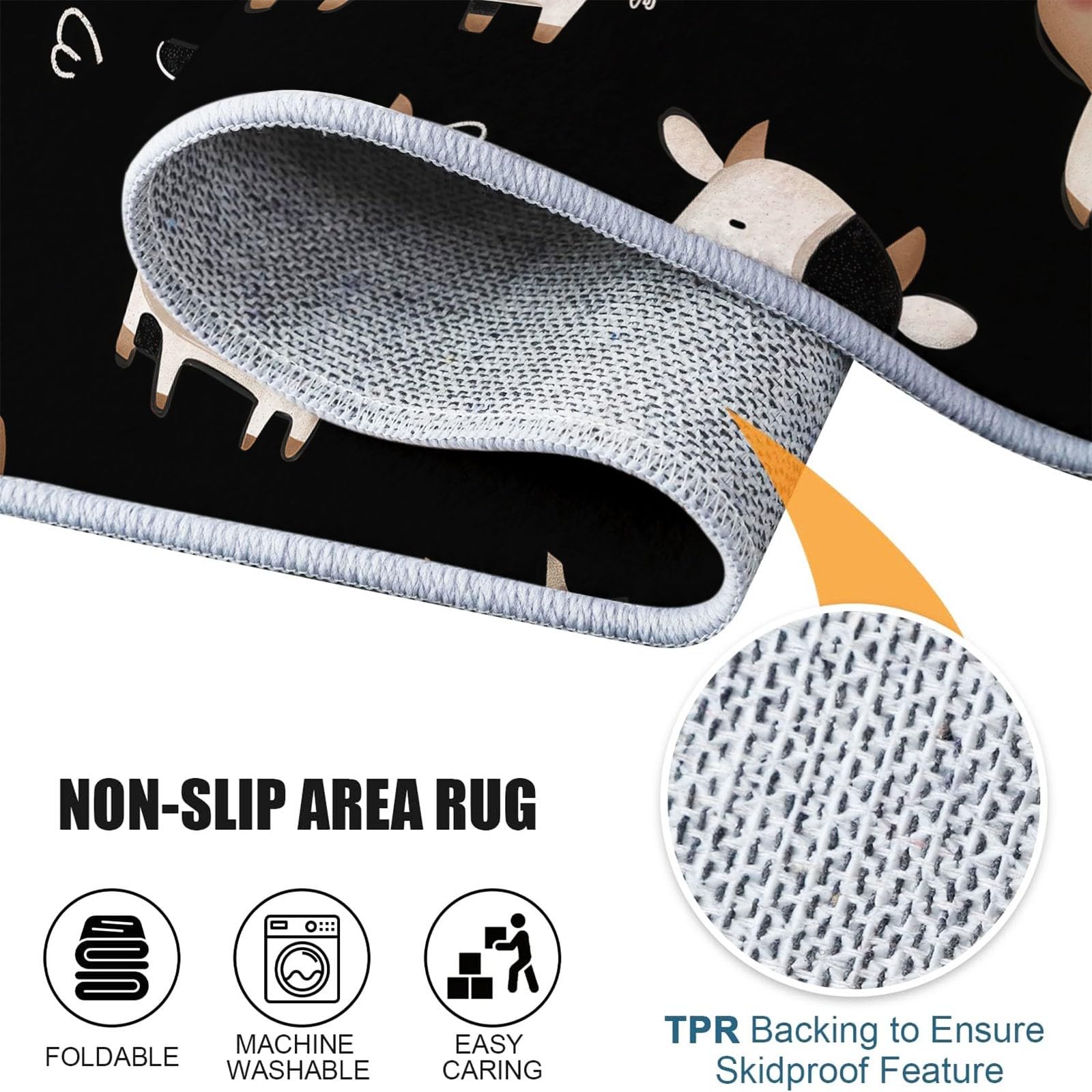 Alfombra Redonda 100 cm Negro Dibujos Animados Lindo Vaca Letras, Alfombra Pelo Corto para Salón, Dormitorio y Oficina, Antideslizante y Lavable, Apta para Robot Aspirador, Suelo