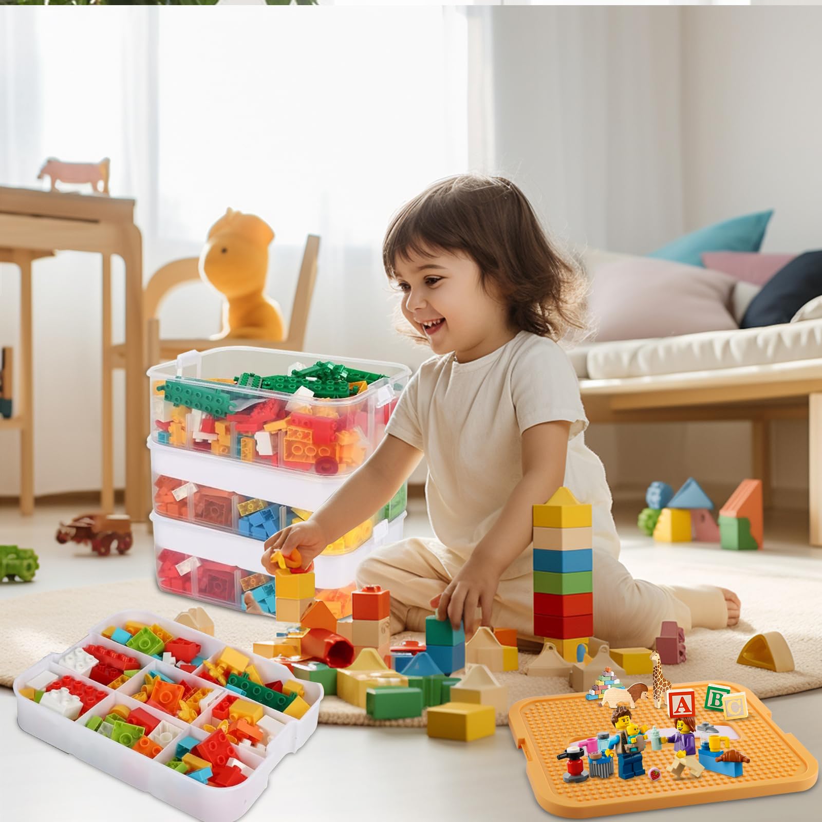 Boite Rangement, Boite de Rangement, Boite de Rangement Empilable, Coffre a Jouet, 3 Niveaux Boite Rangement Plastique, Boite Rangement Plastique avec Couvercle pour Blocs de Construction