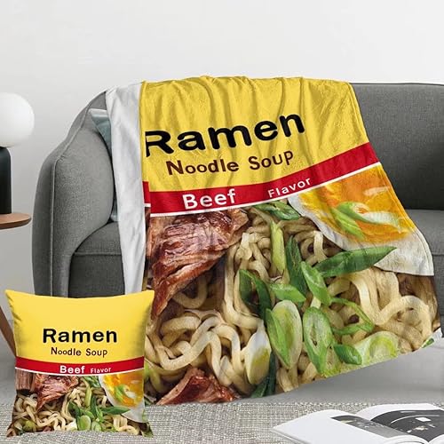 Manta Ramen de 50 x 40 pulgadas, sopa de fideos ramen con sabor a carne de res, manta ligera de microfibra suave con funda de almohada de 18 x 18