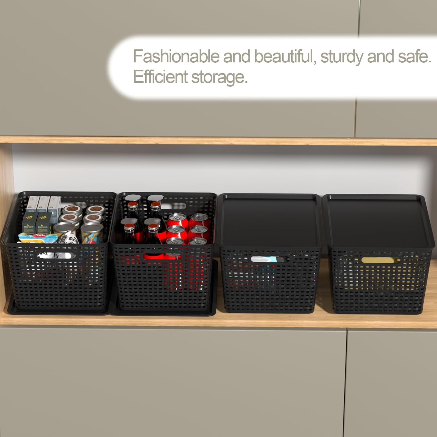 Morcte 6-Pack Black Stackable Plastic Storage Baskets with Lids, 14" x 11.6" x 8.6", Large Plastic Lidded Basket Bin for Closet, Pantry, Shelf