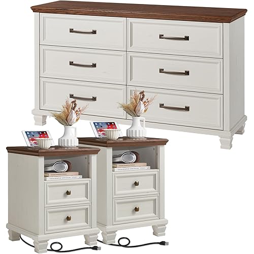 Farmhouse Dresser and Nightstand Sets of 3 Piece, 6 Drawer Dresser and 2 Drawer Nightstand Set, Rustic Wood Bedroom Furniture Set for Home,Hallway,White