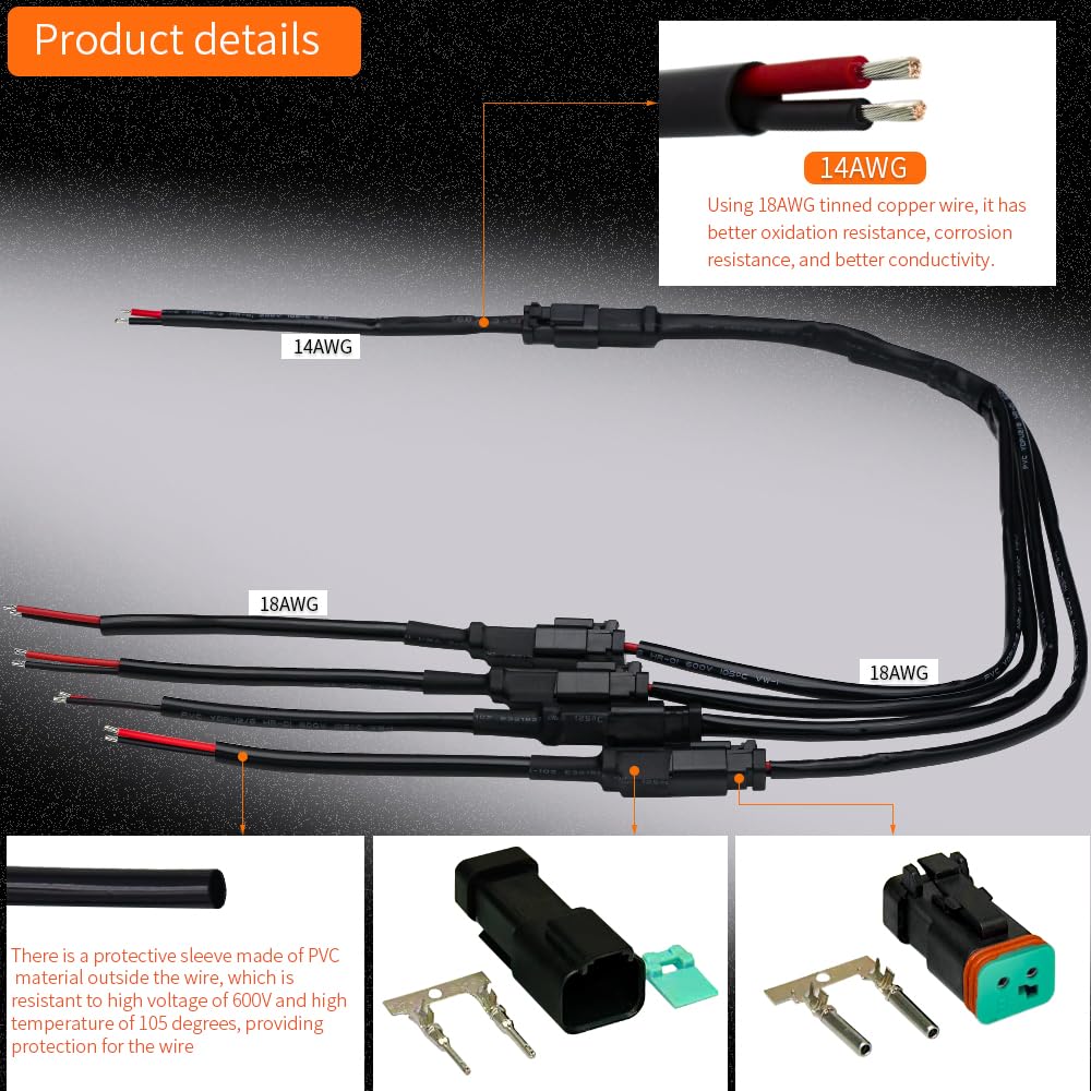 2set DT 2Pin Approx 35.5inch Male Female Connector Adapters Plug Play Splitters Compatible fit for LED Work Auxiliary Lights Chandelier Lights Offroad Lights Bar Retrofit Connectors Wiring
