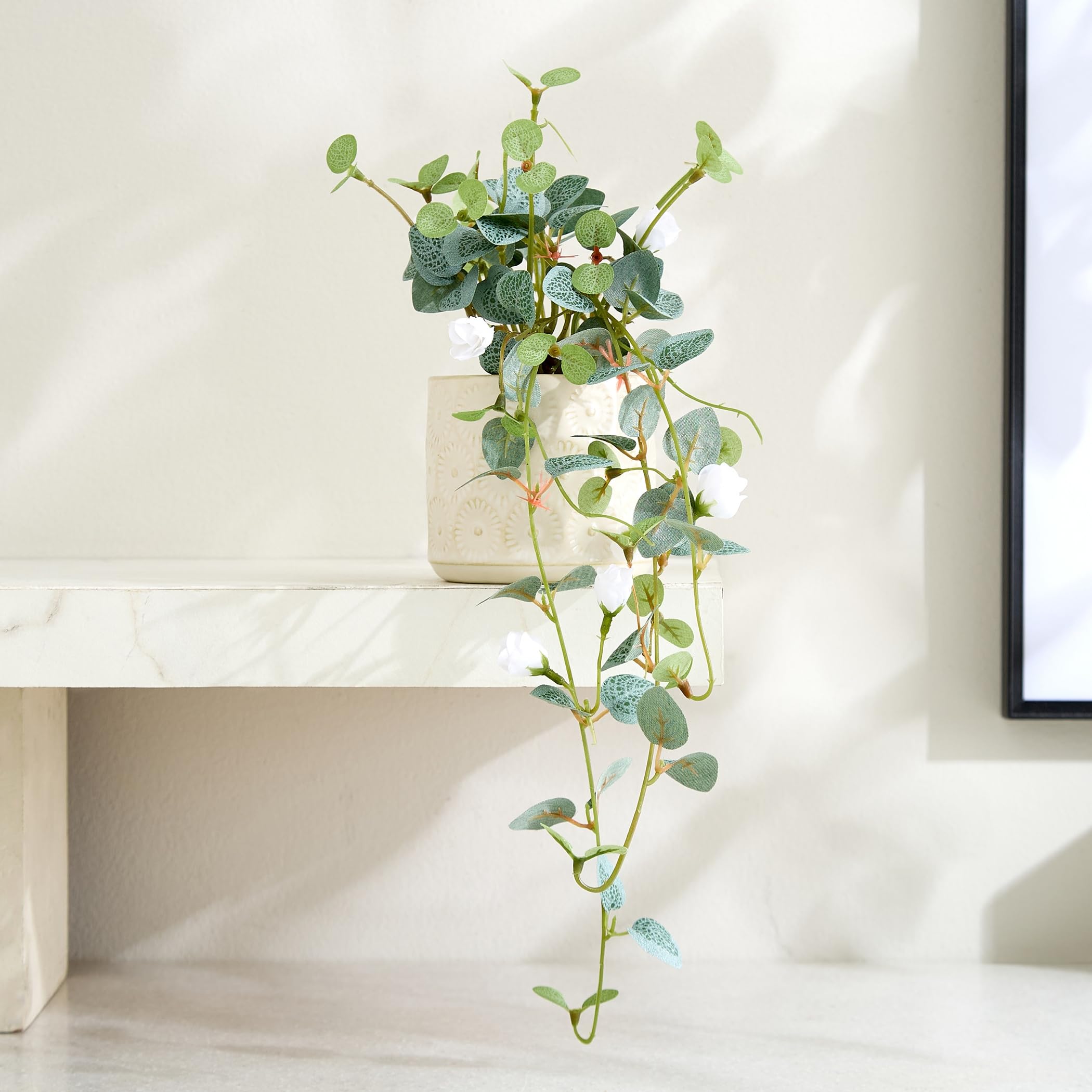 Home Centre Gloria Drape Artificial Rose Bud Hanging Creeper in Ceramic Pot-image-1