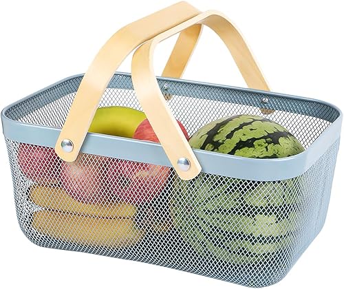 Cesta portátil de malla para cosecha, organizador plegable con mango de bambú natural para cocina, jardín y pícnic, contenedor de almacenamiento