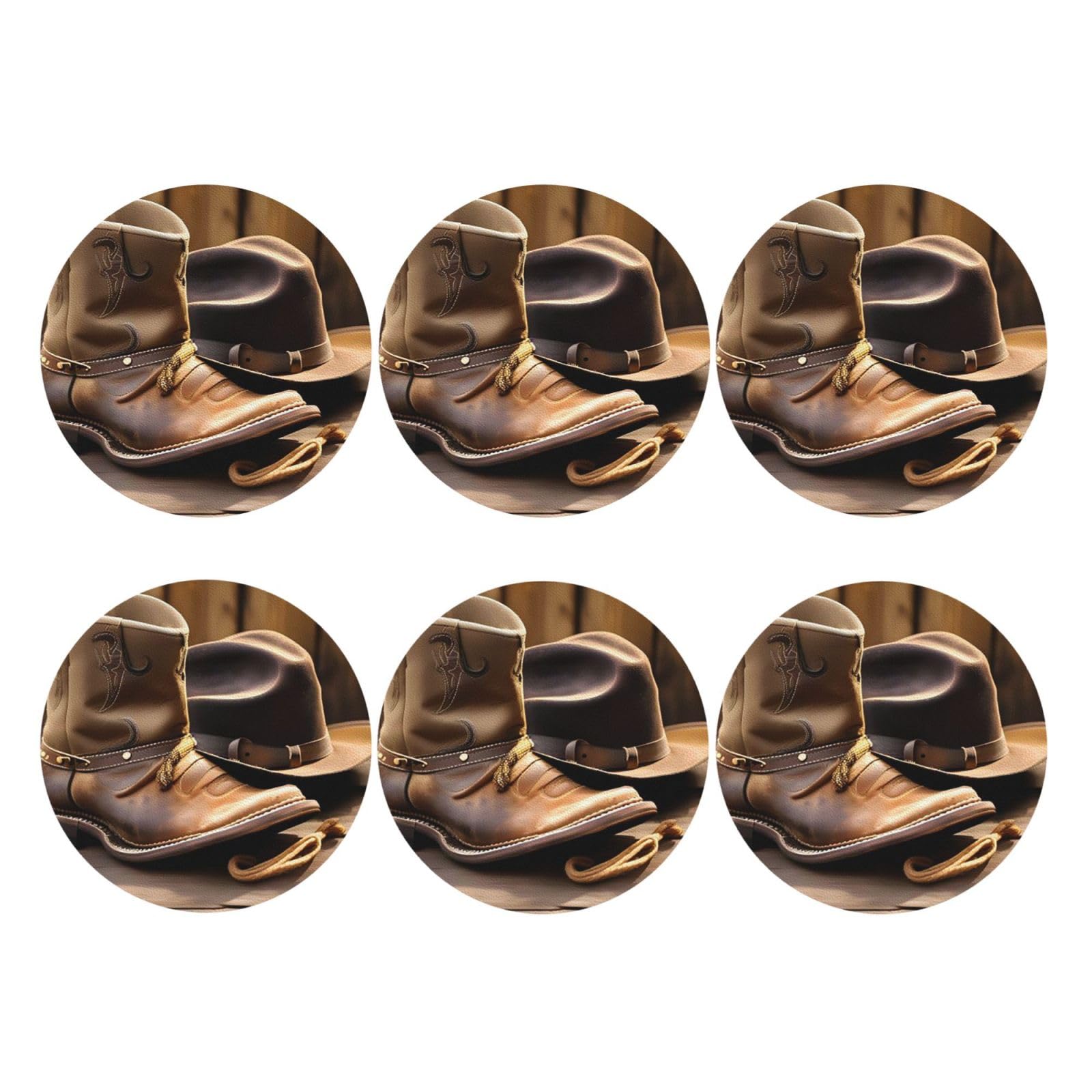 6pcs Leather Coasters for Drinks, Cowboy Hat and Boots Drink Coasters for Tabletop Protection, 4" Cup Coasters for Coffee Table Decor, Non-Slip Drinking Cup Mat for Hot Or Cold Drink