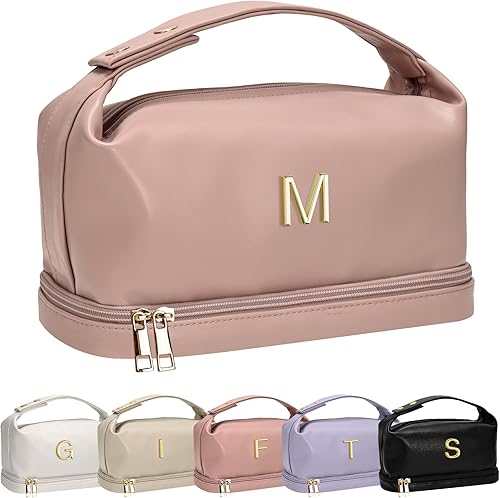 Vista 9 de Regalos Vogewood para mujeres, bolsa de maquillaje personalizada con asa, bolsa de cosméticos inicial de doble capa con organizador de brochas