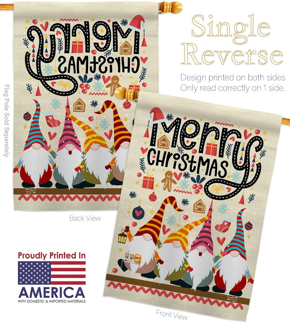 Christmas Gnome House Flag Dowel Set Wintertime Santa Marry Xmas Present Reindeer Season Snow Small Decorative Gift Yard Banner Made In USA 28 X 40