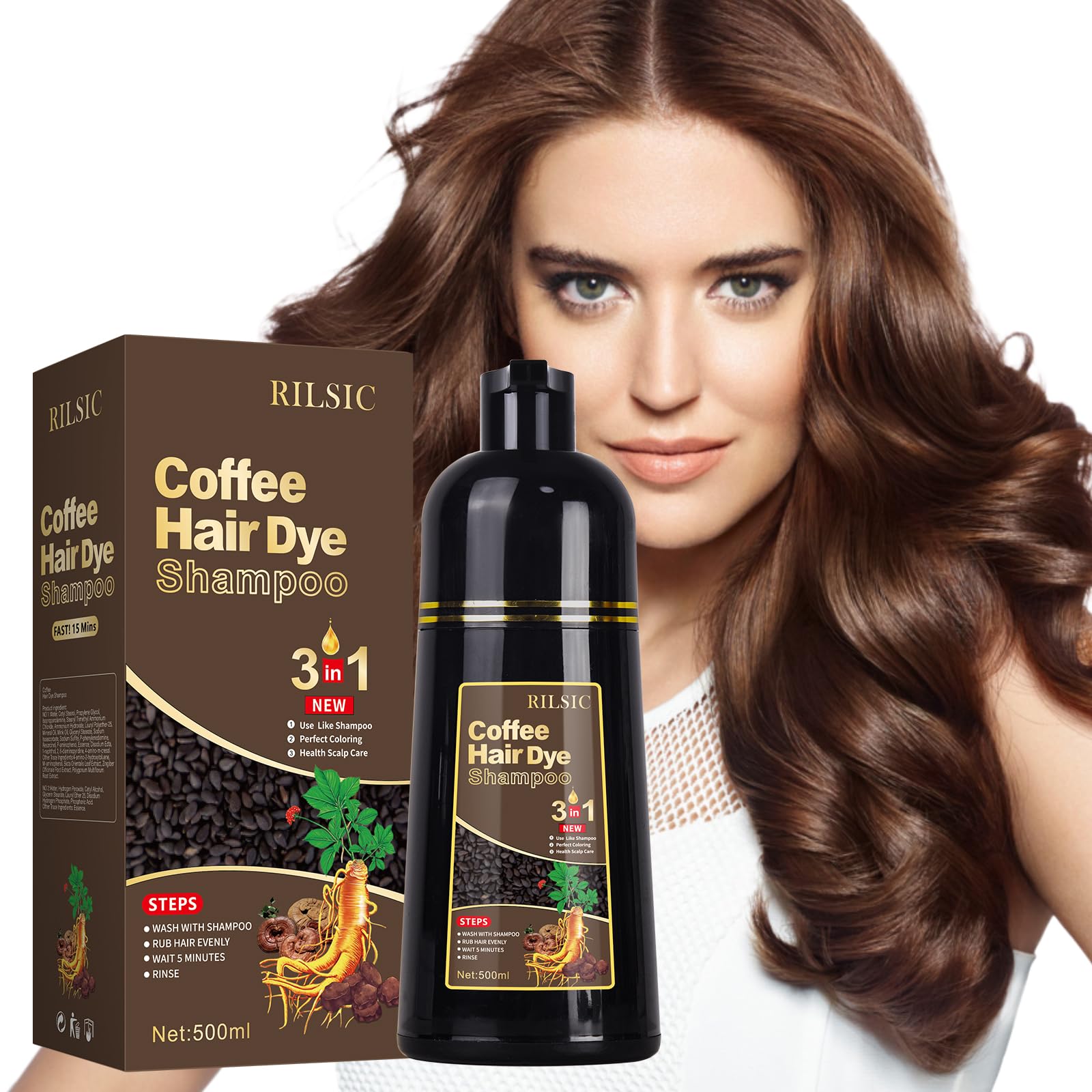 RILSIC Hair Dye Shampoo 3 IN 1, Instant Hair Color Shampoo for