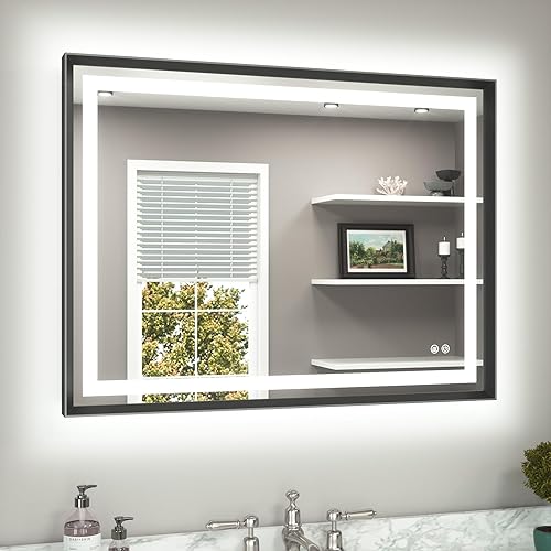 Miniatura 69 de TETOTE Espejo LED de baño de 24 x 32 pulgadas, marco de metal dorado cepillado frontal y retroiluminado, espejo de tocador antiniebla, regulable Oro