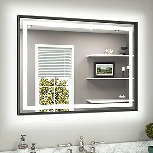 TETOTE 40 x 30 Bathroom Mirror Brushed Black Metal Frame Frontlit & Backlit Vanity Mirror 3 Colors White/Warm/Natural Stepless Dimmable Anti-Fog Bathroom Mirrors for Vanity Wall-Mounted