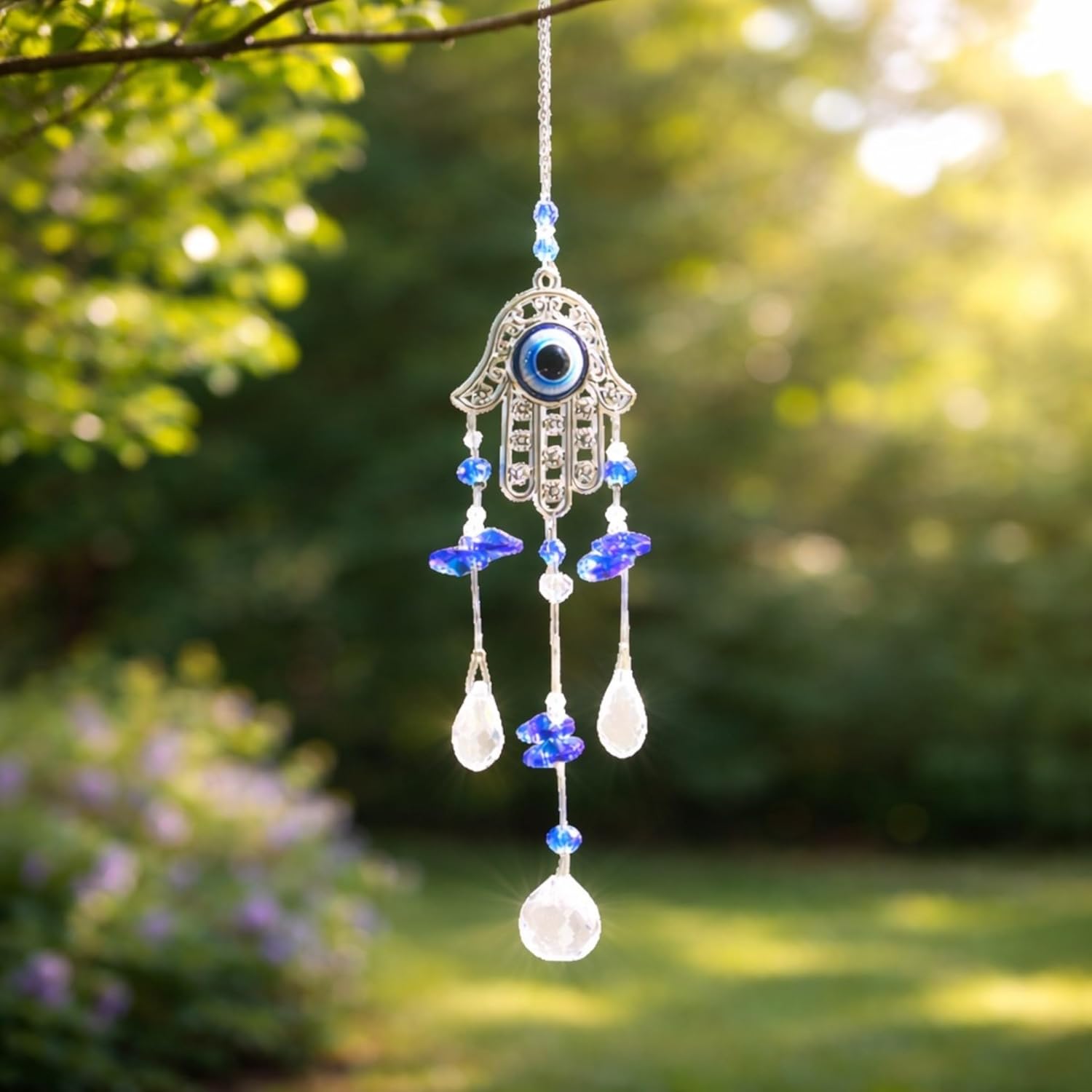 Blue Eye Design Hanging Crystal Suncatcher Ornaments Set of 6, Metal and Glass Decorative Window Pendants with Faceted Acrylic Drops